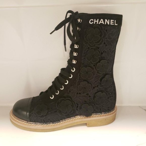 CHANEL 19S Camellia Flower Embroidered Applique Lace Up Flat Boots Shoes - Picture 1 of 12